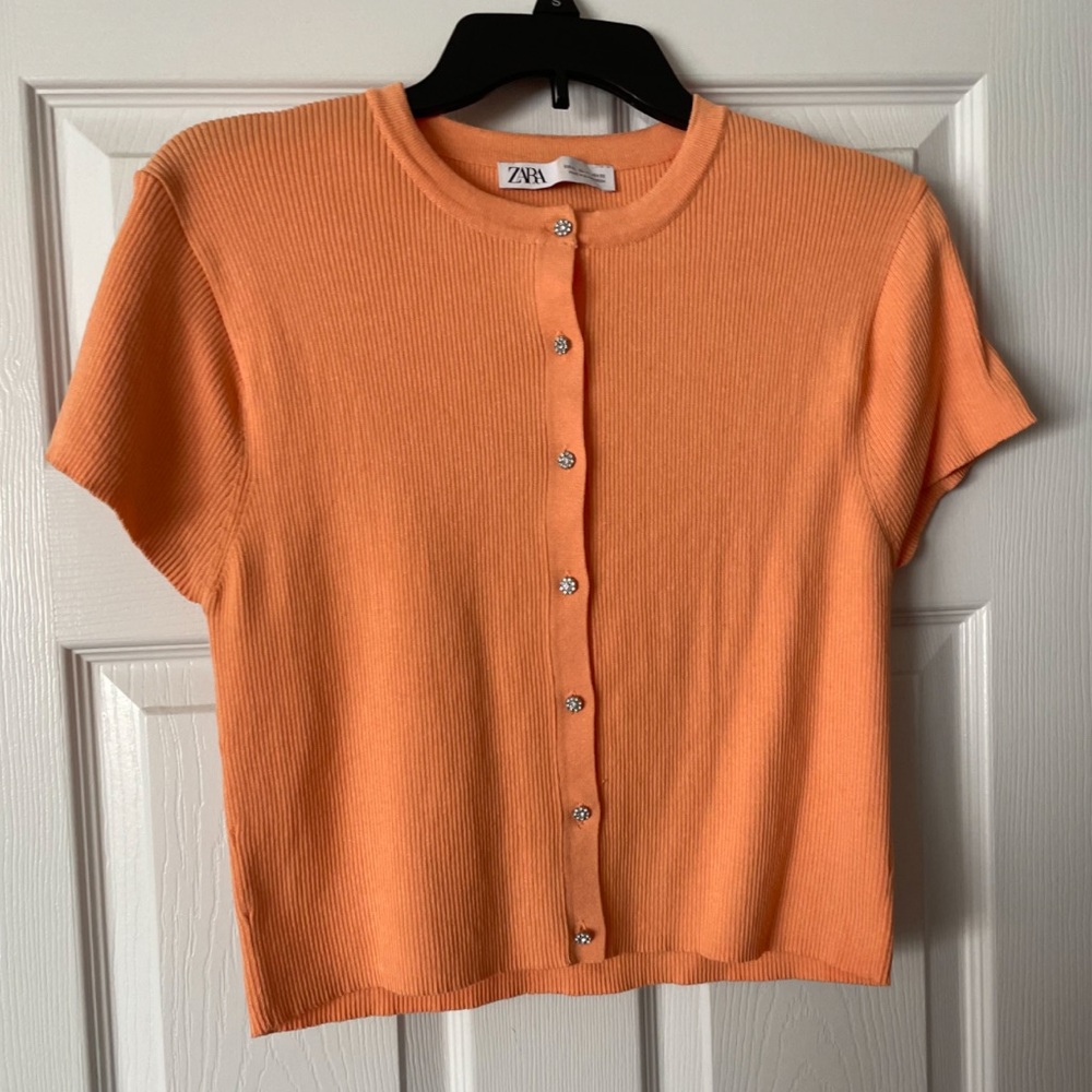Zara Tangerine Knit Top with Rhinestone Buttons